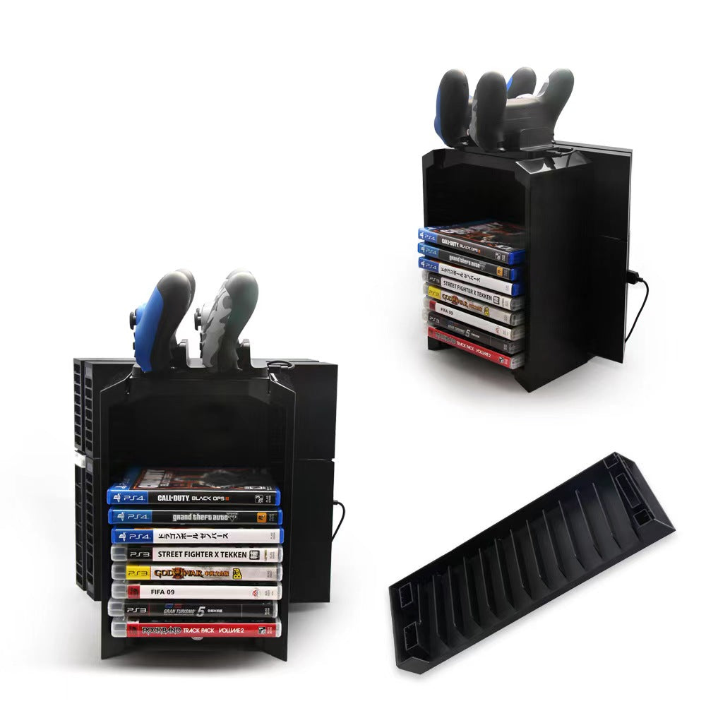 PlayStation 4 stand with built-in cooling fan, controller charging docks, and game storage