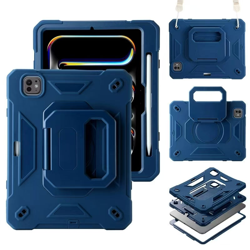 iPad case with rotating kickstand and durable silicone/PC construction, available in a range of stylish colors.