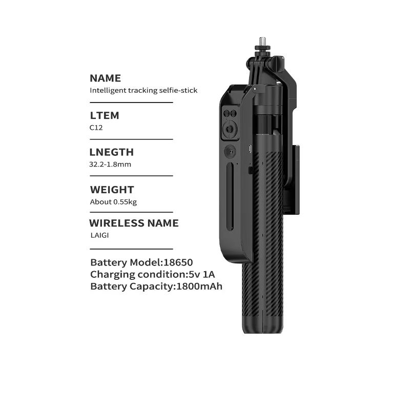 Description C12 AI Smart Gimbal with 1.8M Tripod - 360° Tracking Selfie Stick - BeezSpeed