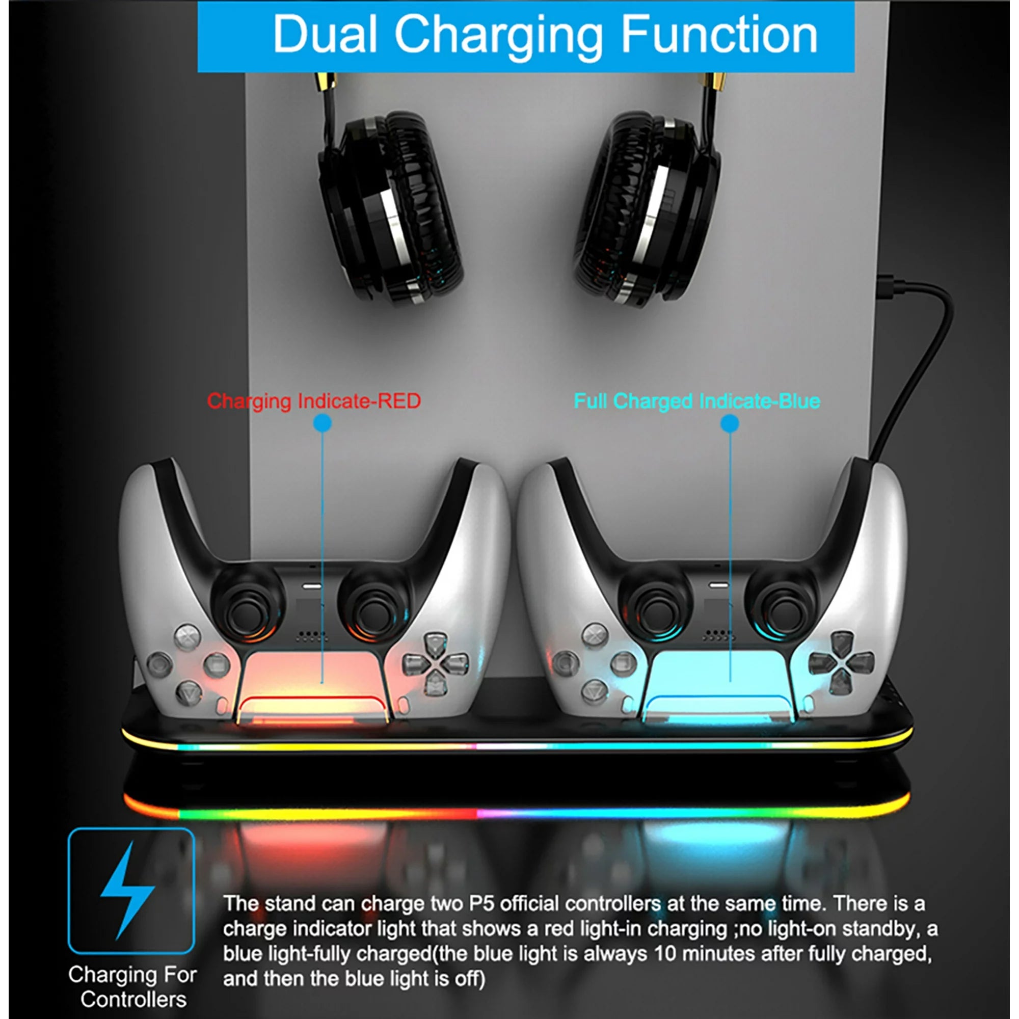 Dual Charging Black PS5 RGB Vertical Stand Cooler & Dual Controller Charger - 6 Game Slots- BeezSpeed