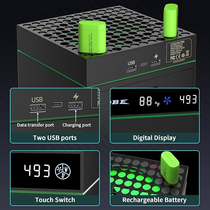 Xbox Series X/S Cooling Fan & Charger Station with RGB and Rechargeable Batteries - Dual USB Ports - Rechargeable Battery - BeezSpeed