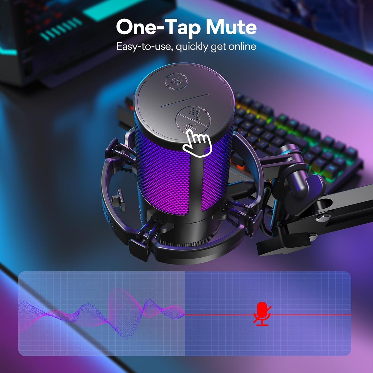 MAONO Gaming Microphone with Noise Cancellation, RGB Lights, and Adjustable Arm Stand