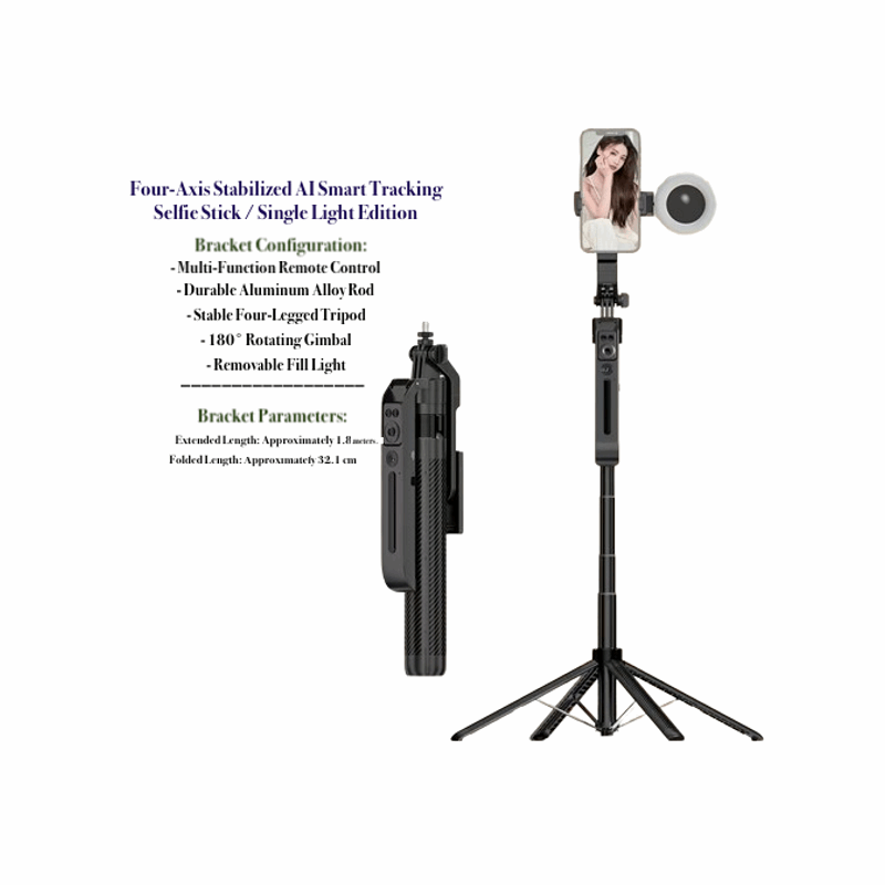 Four-axis stabilized AI smart tracking selfie Stick/Single Light Edition C12 AI Smart Gimbal with 1.8M Tripod - 360° Tracking Selfie Stick - BeezSpeed