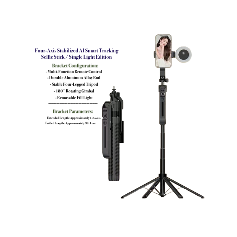 Four-axis stabilized AI smart tracking selfie Stick/Single Light Edition C12 AI Smart Gimbal with 1.8M Tripod - 360° Tracking Selfie Stick - BeezSpeed