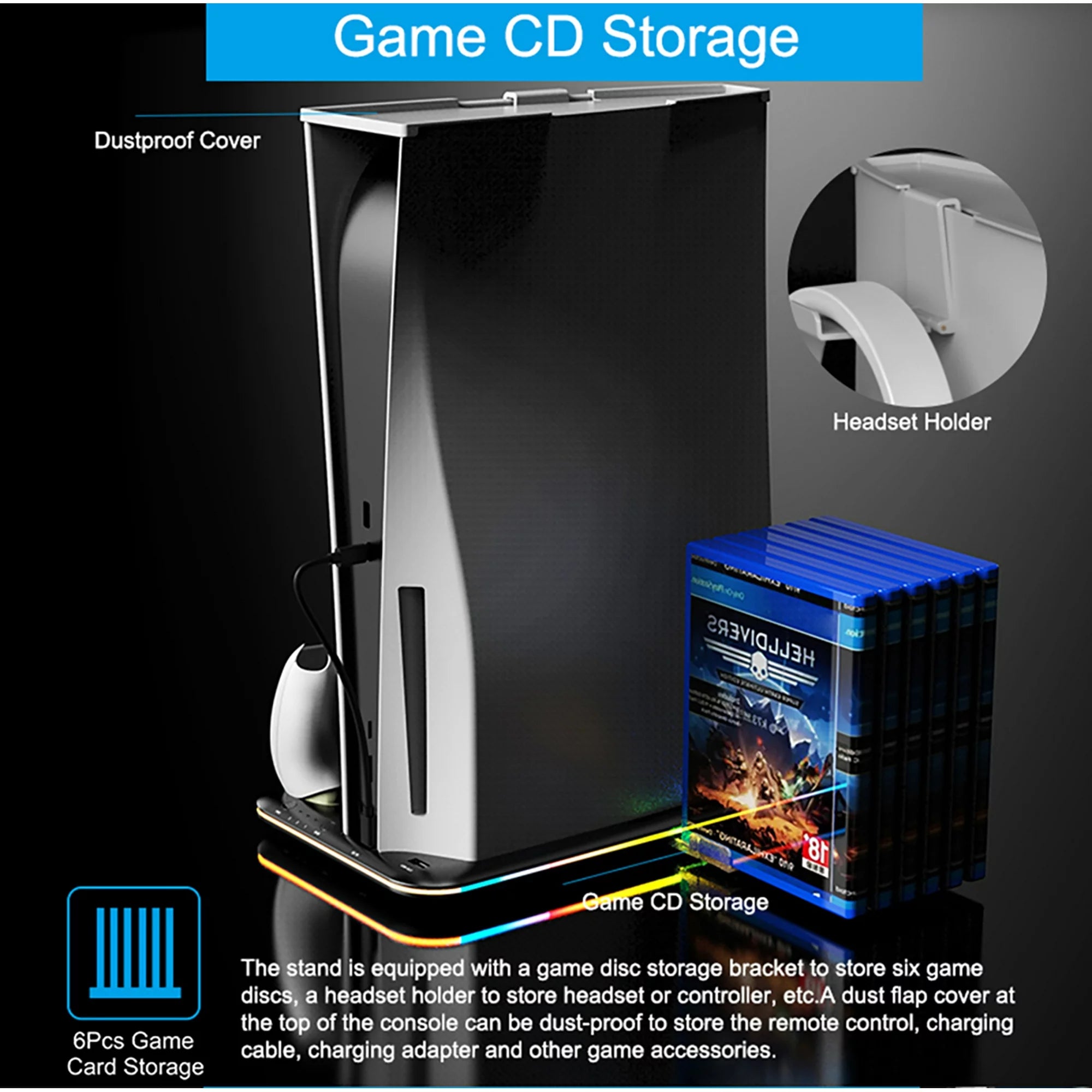 Game CD Storage  PS5 RGB Vertical Stand Cooler & Dual Controller Charger - 6 Game Slots- BeezSpeed
