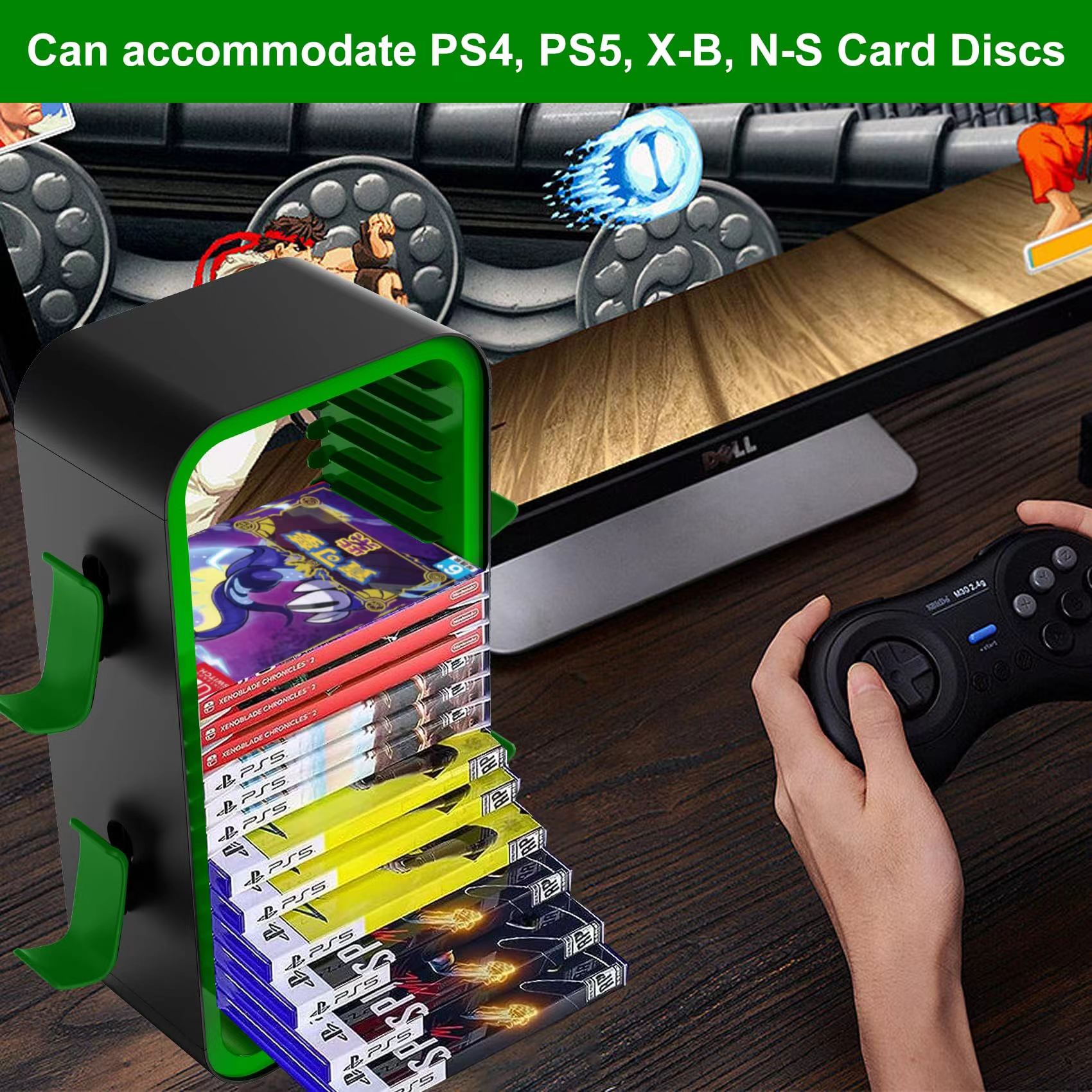 Game Organizer Tower for PS5/Xbox/Switch - 18 Disc Slots and Joystick Hanger