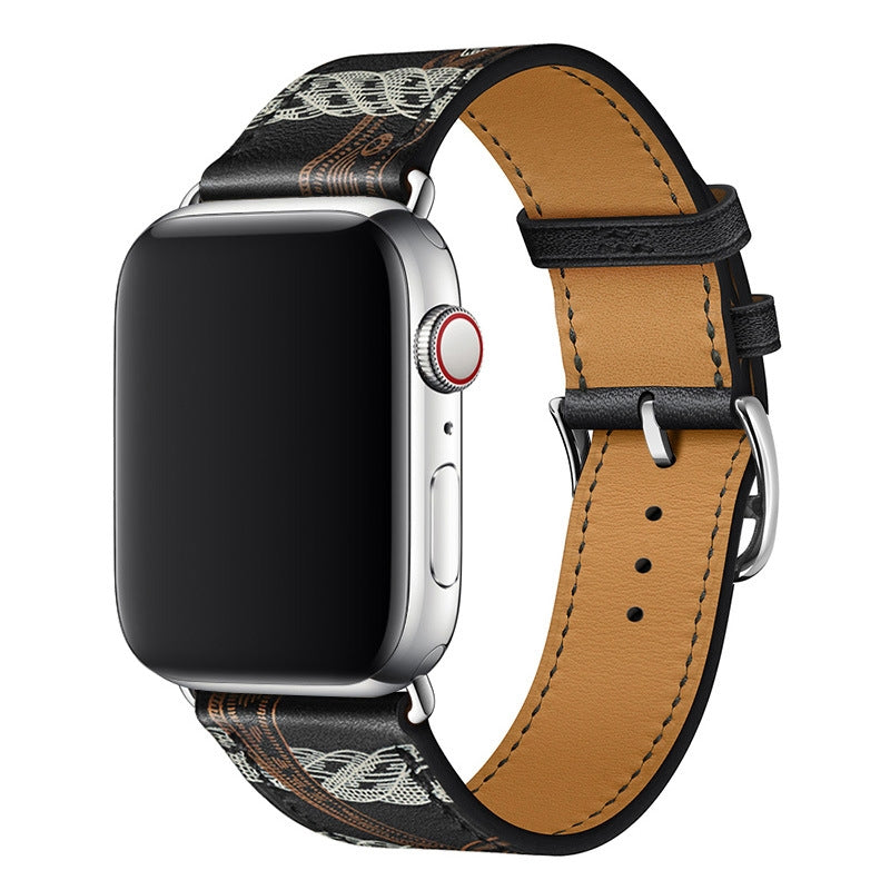 Genuine Leather Apple Watch Band Stainless Steel Buckle – 1–10 & SE | Allover Printed Black