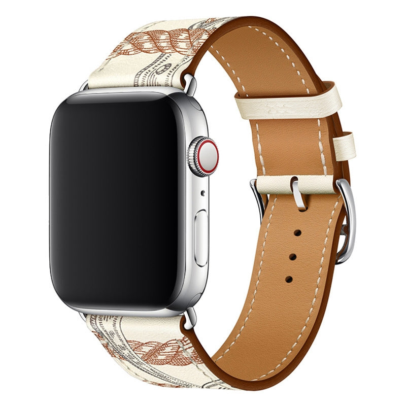 Genuine Leather Apple Watch Band Stainless Steel Buckle – 1–10 & SE | Allover Printed White