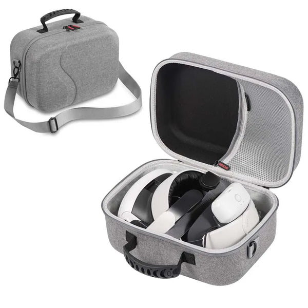 BOBOVR VR storage case for Meta Quest 3 with plush interior and shoulder strap, designed for secure and easy transport.