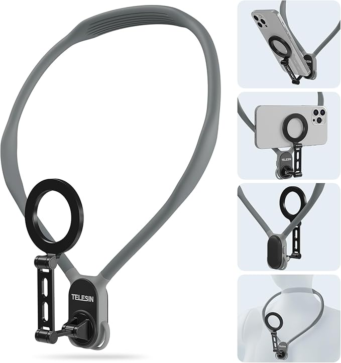 Gray TELESIN MAX Magnetic Neck Mount for Phones - Hands Free POV/Vlog Holder - BeezSpeed