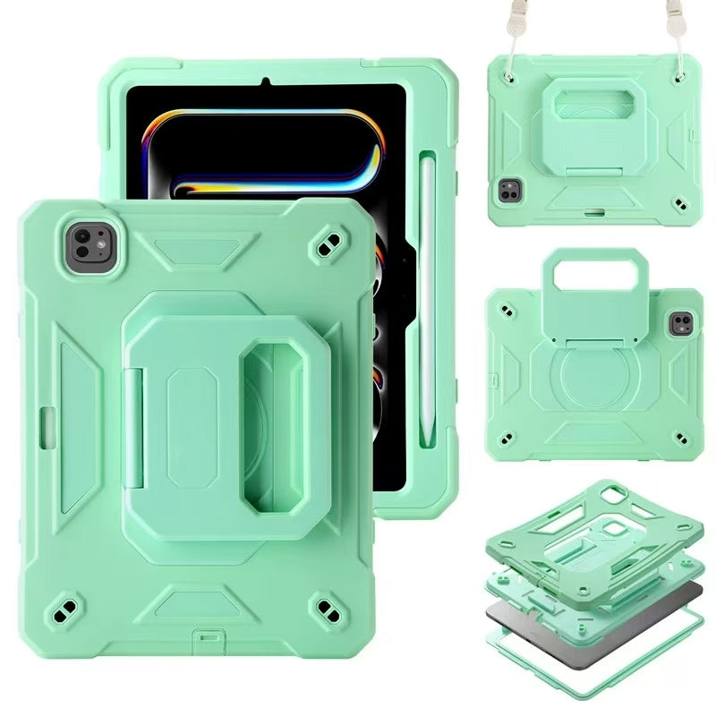 iPad case compatible with iPad 10.2, iPad Air 11, and iPad Pro 11, featuring a snug fit and flexible strap for easy carrying.