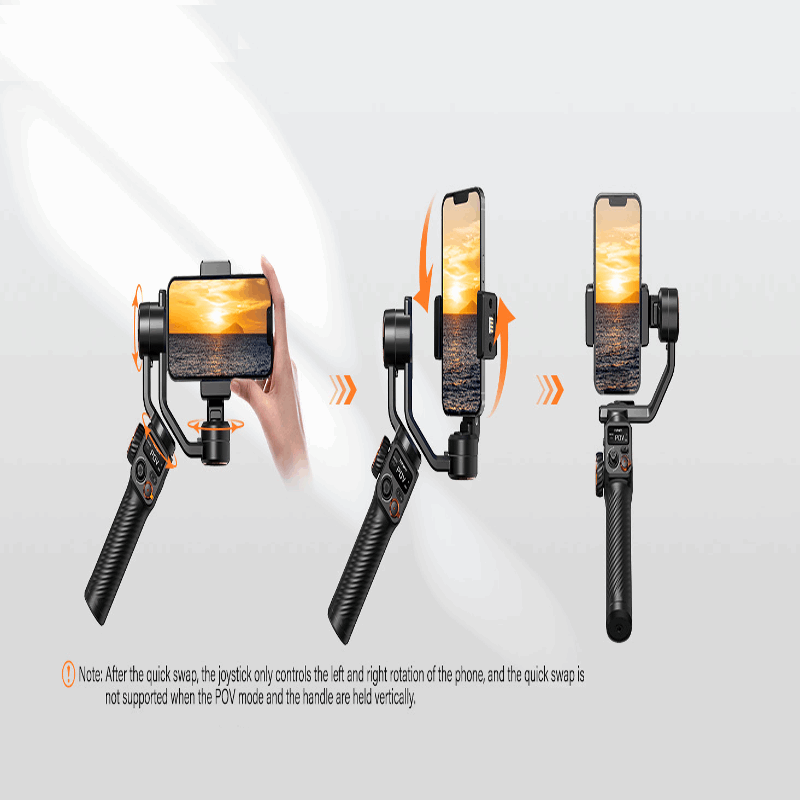 OLED display on the iSteady M6 gimbal showing real-time battery status and reverse charging function.