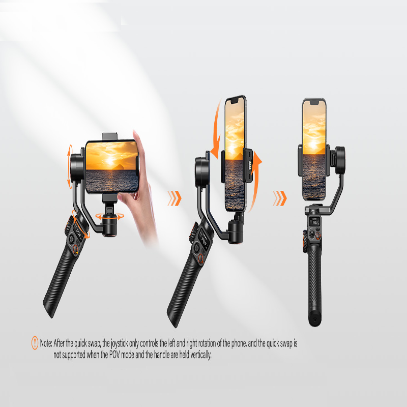OLED display on the iSteady M6 gimbal showing real-time battery status and reverse charging function.