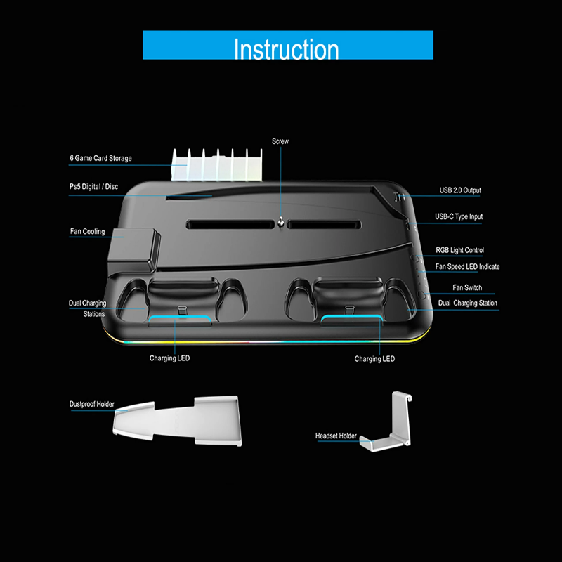 PS5 Stand with RGB Lights, Cooling, and 6 Game Disc Storage Slots - Instruction
