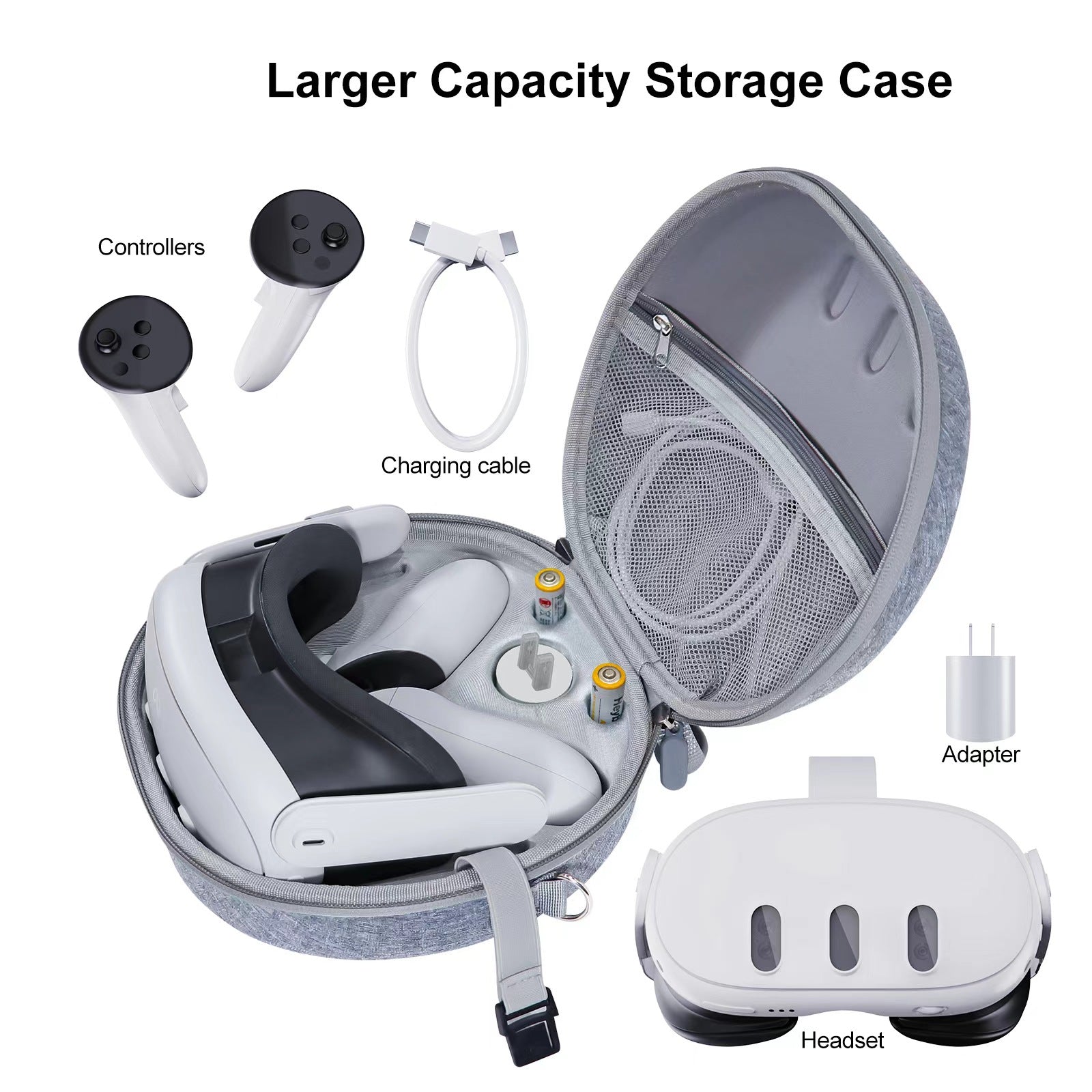 Large capacity Gray EVA Hard Case for Meta Quest 3 - Portable & Shockproof with Strap - BeezSpeed