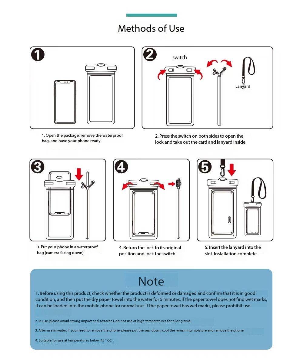 Method of Use Portable Floating Waterproof Phone Case for Safe Use in Beach, Diving, and Fishing