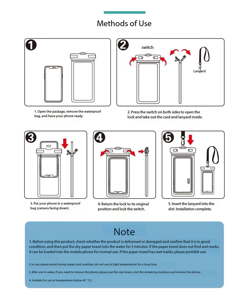 Method of Use Portable Floating Waterproof Phone Case for Safe Use in Beach, Diving, and Fishing