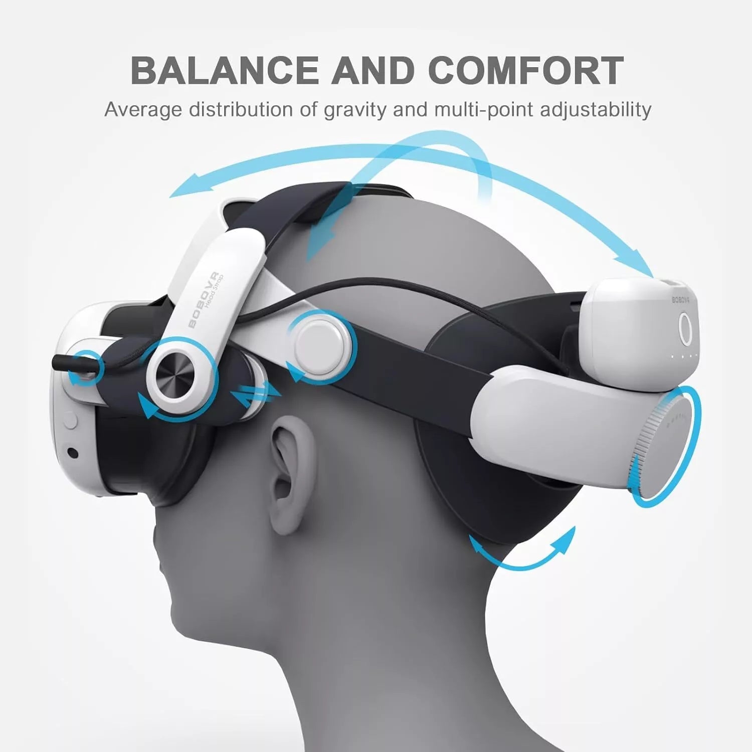 BOBOVR M3 Pro head strap for Meta Quest 3, featuring hot-swappable battery packs and reduced facial pressure for better comfort