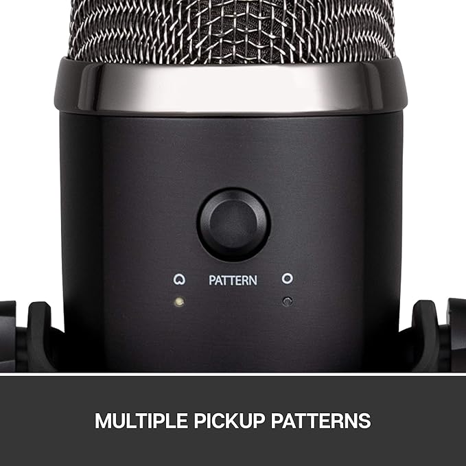 Blue Yeti Nano with cardioid and omnidirectional polar patterns, designed for gaming, streaming, and podcasting.