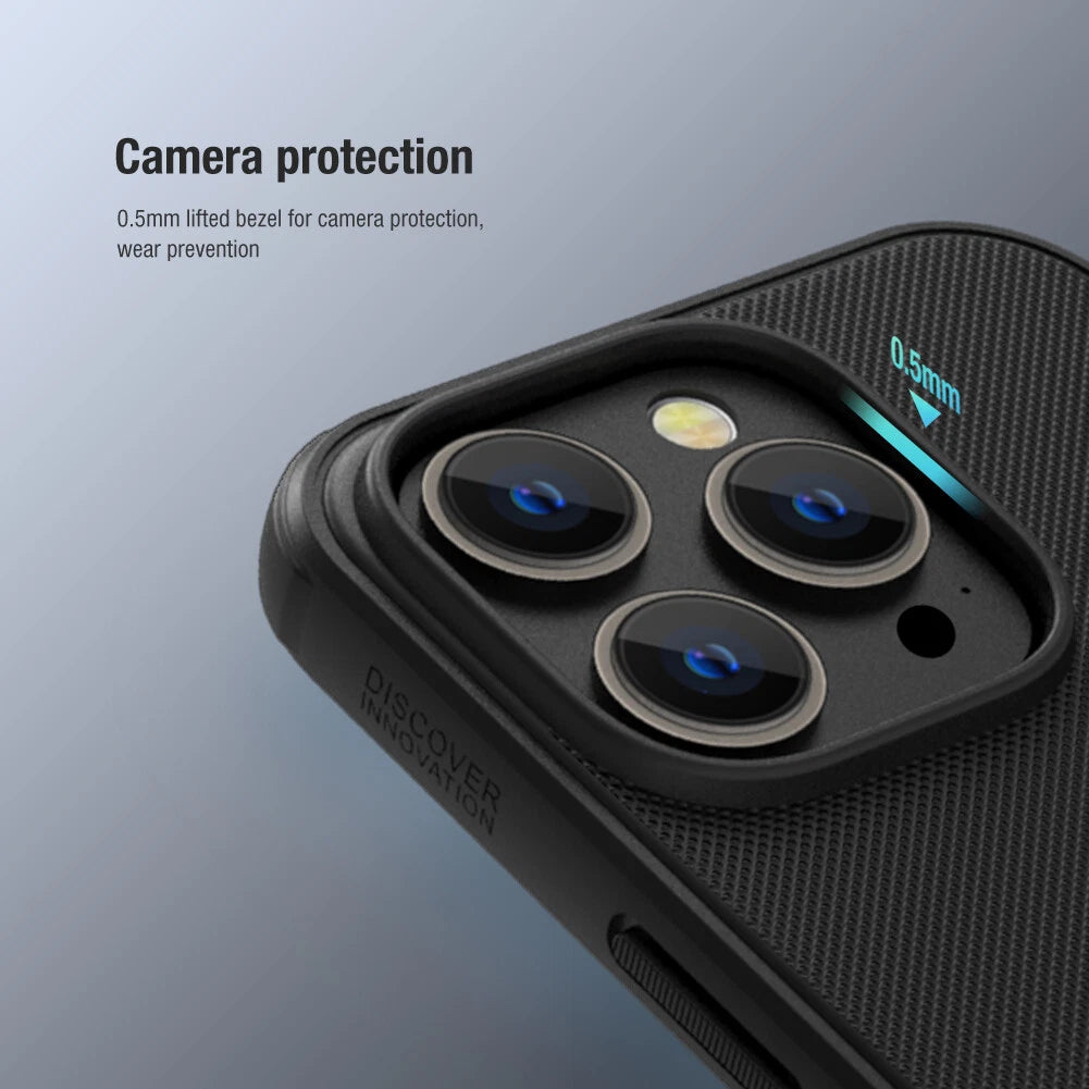 Nillkin Frosted Shield Pro Case for iPhone 14 Series – Matte Hard Back, Soft TPU Edge | Black Camera Protection