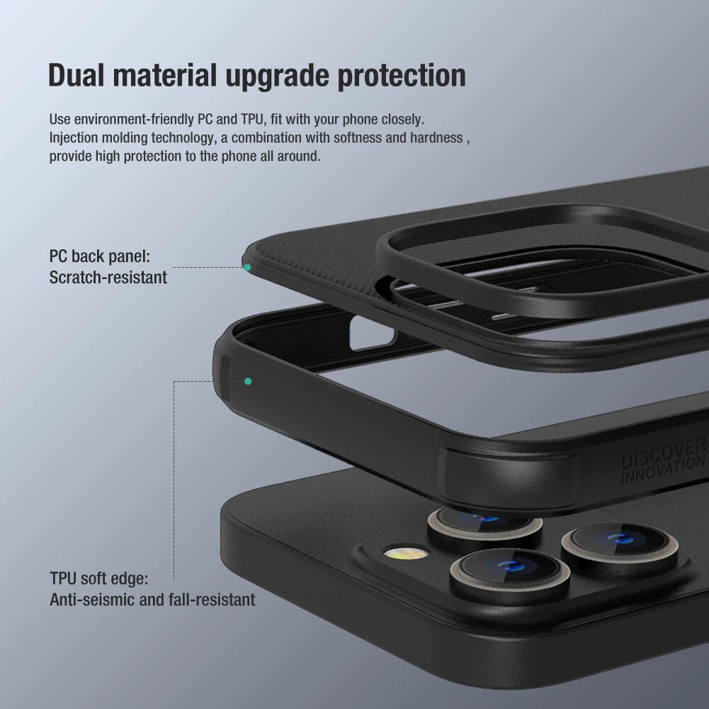 Nillkin Frosted Shield Pro Case for iPhone 14 Series – Matte Hard Back, Soft TPU Edge | Black Dual Material