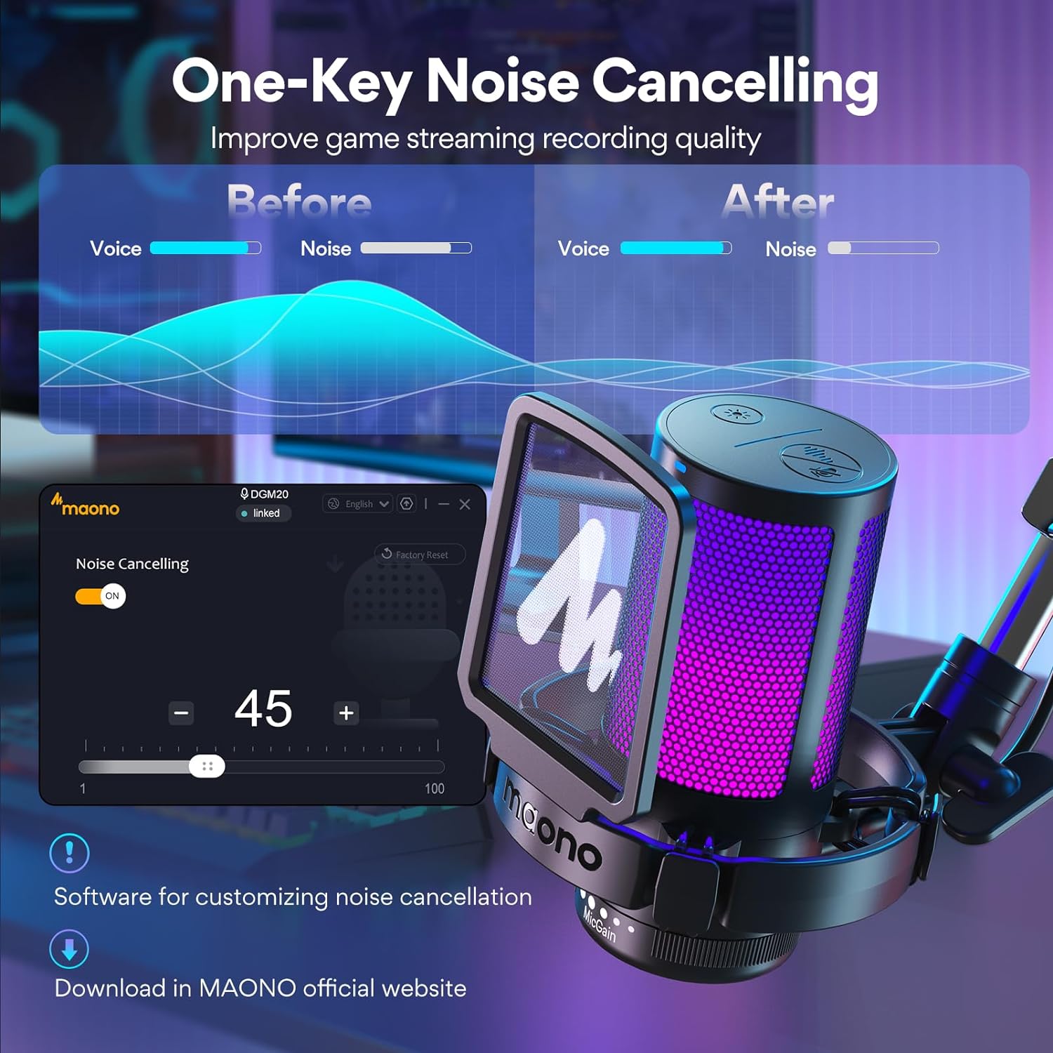 Noice Cancelling MAONO DGM20S USB Gaming Microphone - Noise Cancellation & RGB Lighting BeezSpeed