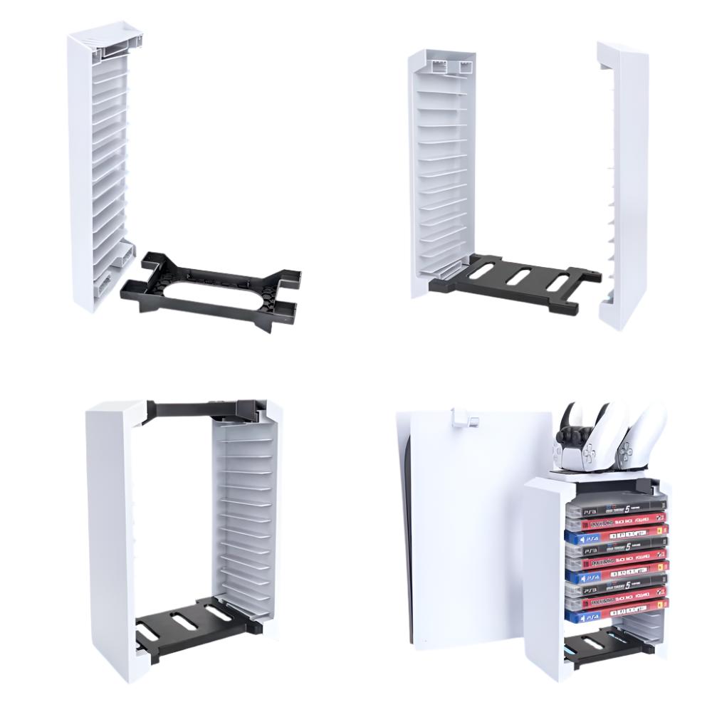 DOBE PS5 charging rack securely holding game discs and charging PS5 controllers simultaneously