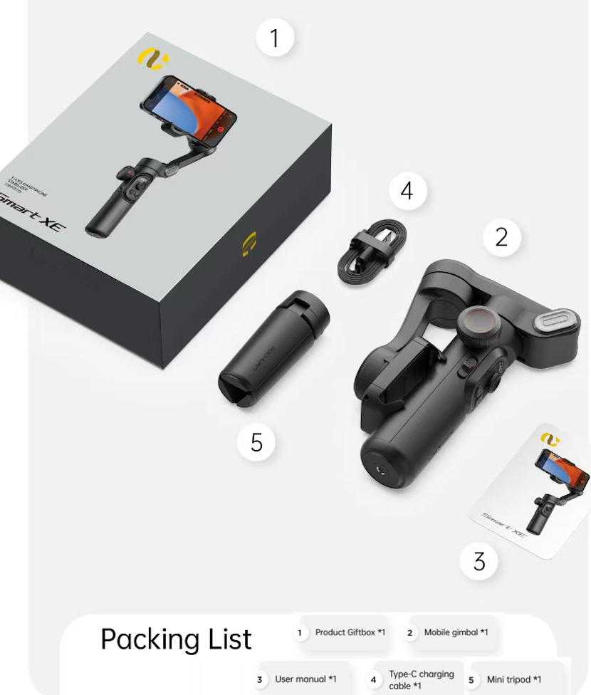 AOCHUAN Smart XE 3-Axis Foldable Gimbal Stabilizer for iPhone & Android Packing List - BeezSpeed