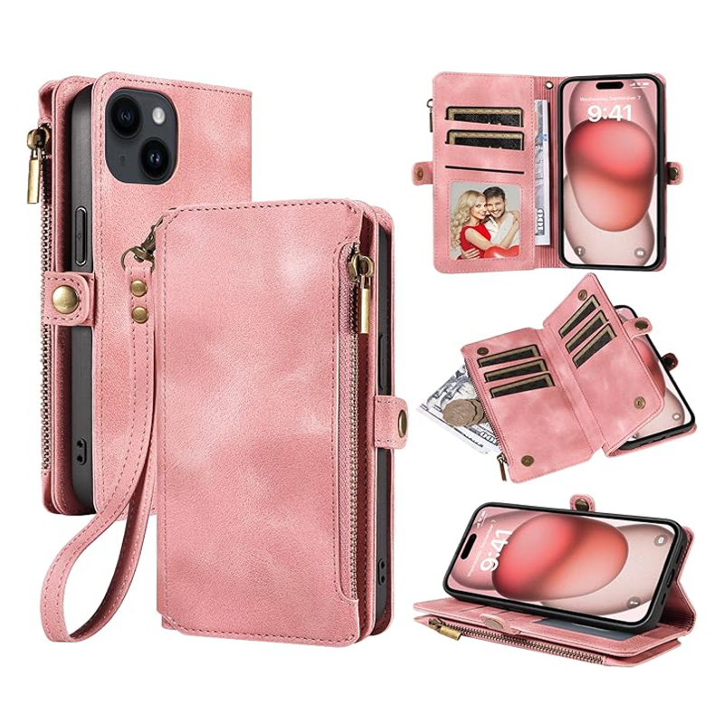 Pink Magnetic Trifold Wallet Case for Samsung/iPhone - Retro Leather Design BeezSpeed