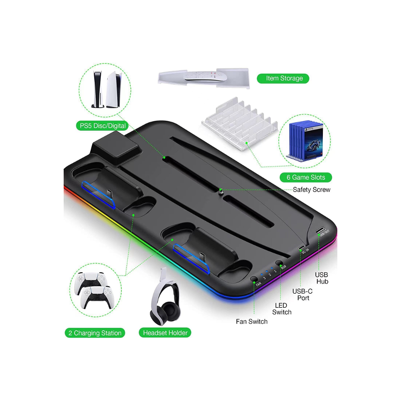 Dual Controller Charging Stand for PS5 with Cooling Fan, RGB Lights, and 6 Game Slots