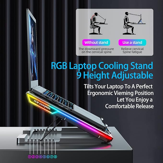 RGB 9 Height Adjustable 11-17 Inch  ICE COOREL RGB Laptop Cooling Pad 6 Fans & Adjustable Stand - LCD & USB Ports - BeezSpeed