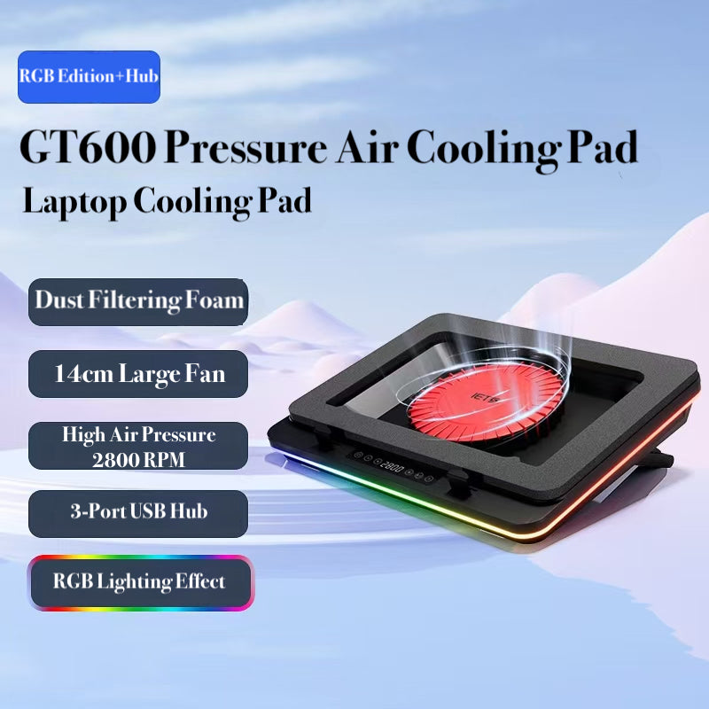 RGB Edition + Hub USB 2.0 GT600 Turbo-Fan 14.1/19.3 Inch Laptops Cooling Pad - USB Hub & Dust Filter - BeezSpeed