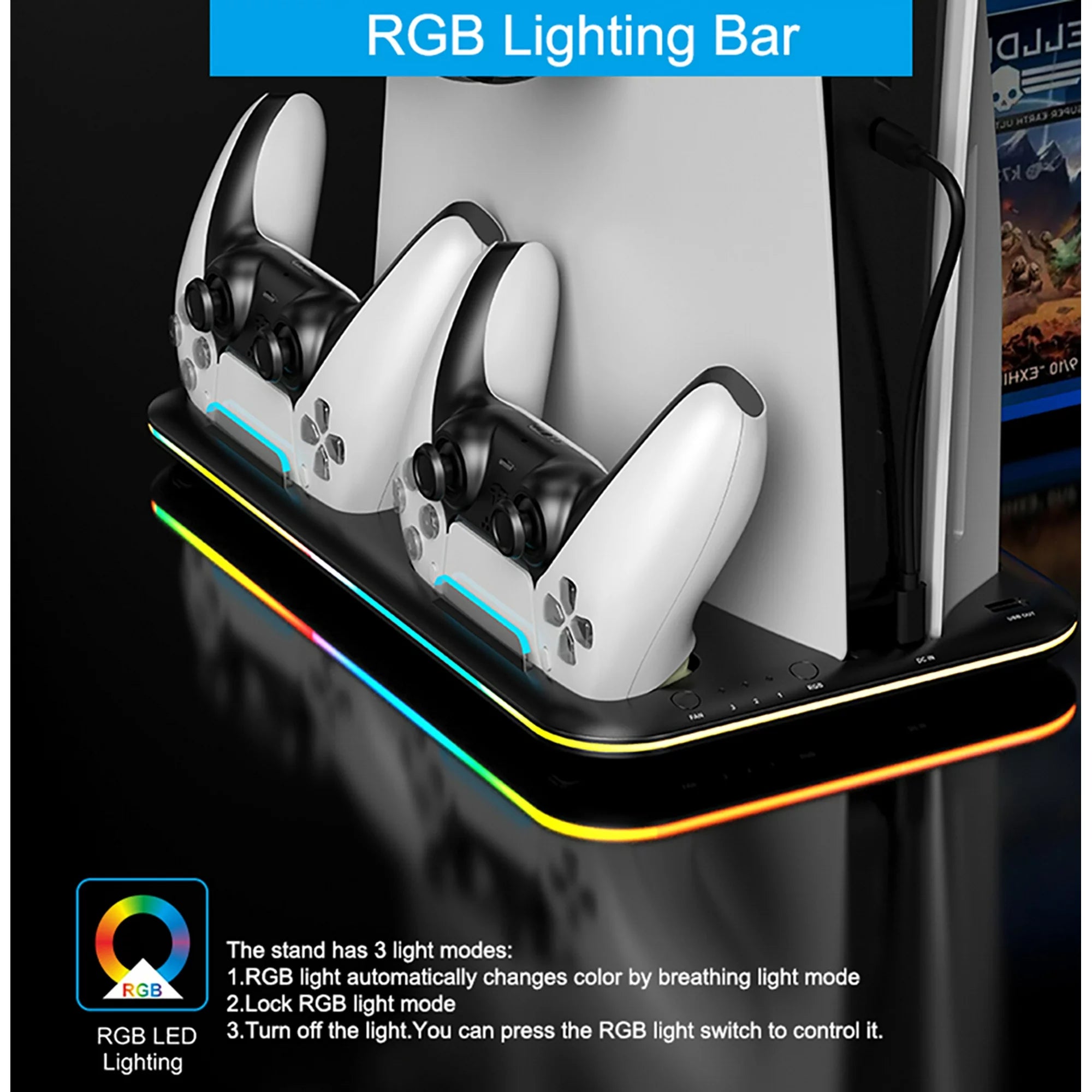RGB Lightning Dual Charging Black PS5 RGB Vertical Stand Cooler & Dual Controller Charger - 6 Game Slots- BeezSpeed