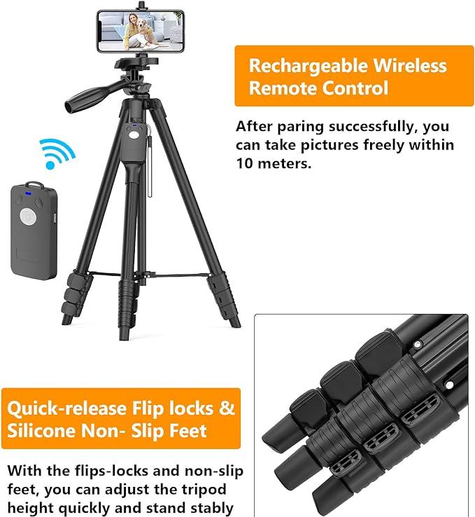 60" Aluminum Tripod with Remote, Travel Bag & Phone Mount for Cameras - Rechargeable Wireless Remote Control- Flip Locks