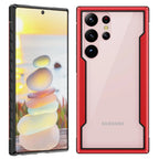 Red Hybrid Metal Silicone Bumper Case For Samsung Galaxy S22-S24 Offering Shockproof And Anti-Drop Protection.