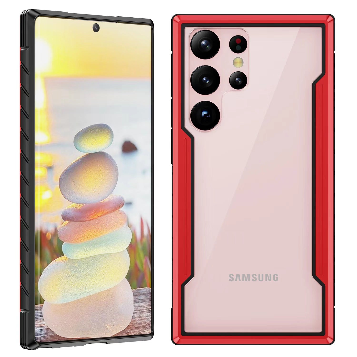 Red Hybrid Metal Silicone Bumper Case For Samsung Galaxy S22-S24 Offering Shockproof And Anti-Drop Protection.