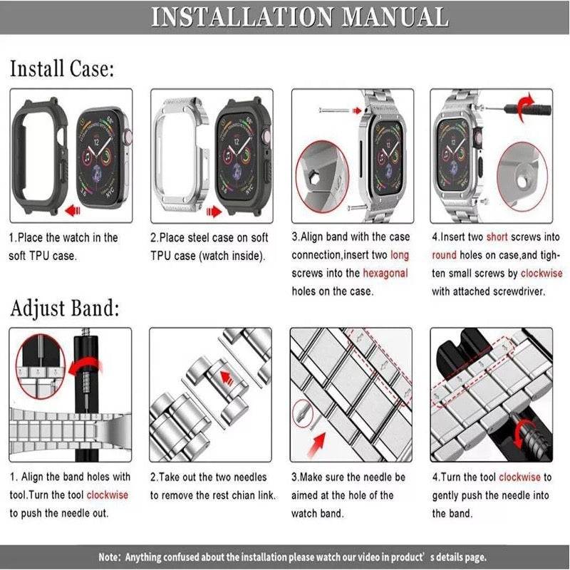 Rugged Stainless Steel Metal Apple Watch Strap 44mm/45mm – Shockproof Mod Kit | Installation Manual