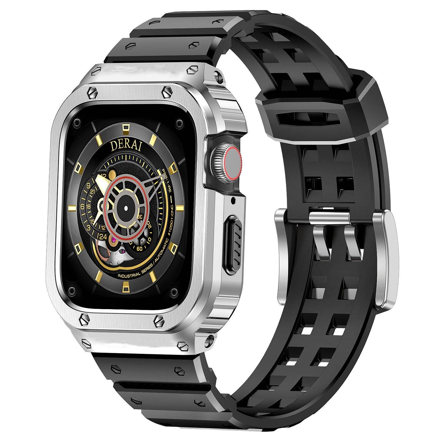 Rugged TPU & Stainless Steel Case Strap for Apple Watch [44mm/45mm] | White Black -