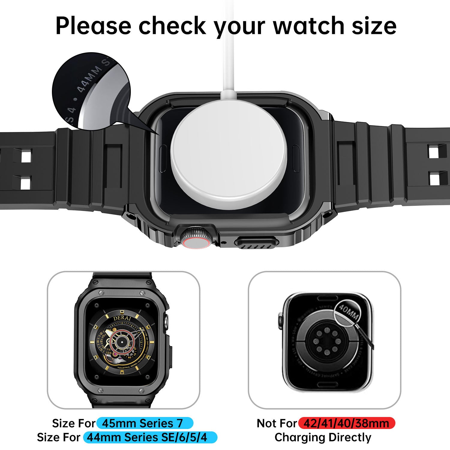 Rugged TPU & Stainless Steel Case Strap for Apple Watch [44mm/45mm] | Size