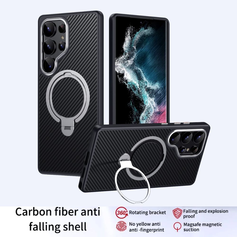 Samsung Galaxy S25/S25+/Ultra Carbon Fiber Rotating Ring Stand Case | MagSafe