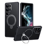 Samsung Galaxy S25/S25+/Ultra Carbon Fiber Rotating Ring Stand Case | MagSafe | Black