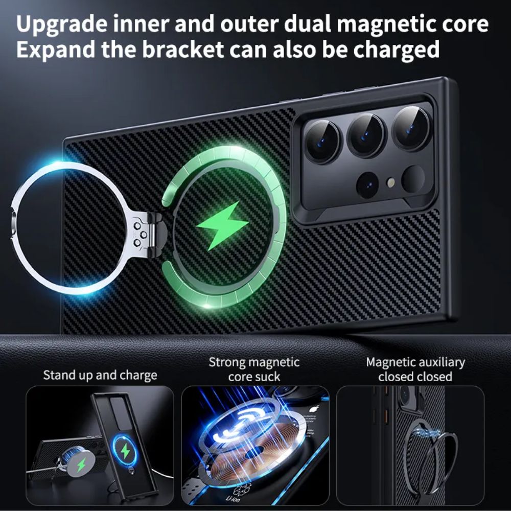 Samsung Galaxy S25/S25+/Ultra Carbon Fiber Rotating Ring Stand Case | MagSafe |  Magnetic Core Suck