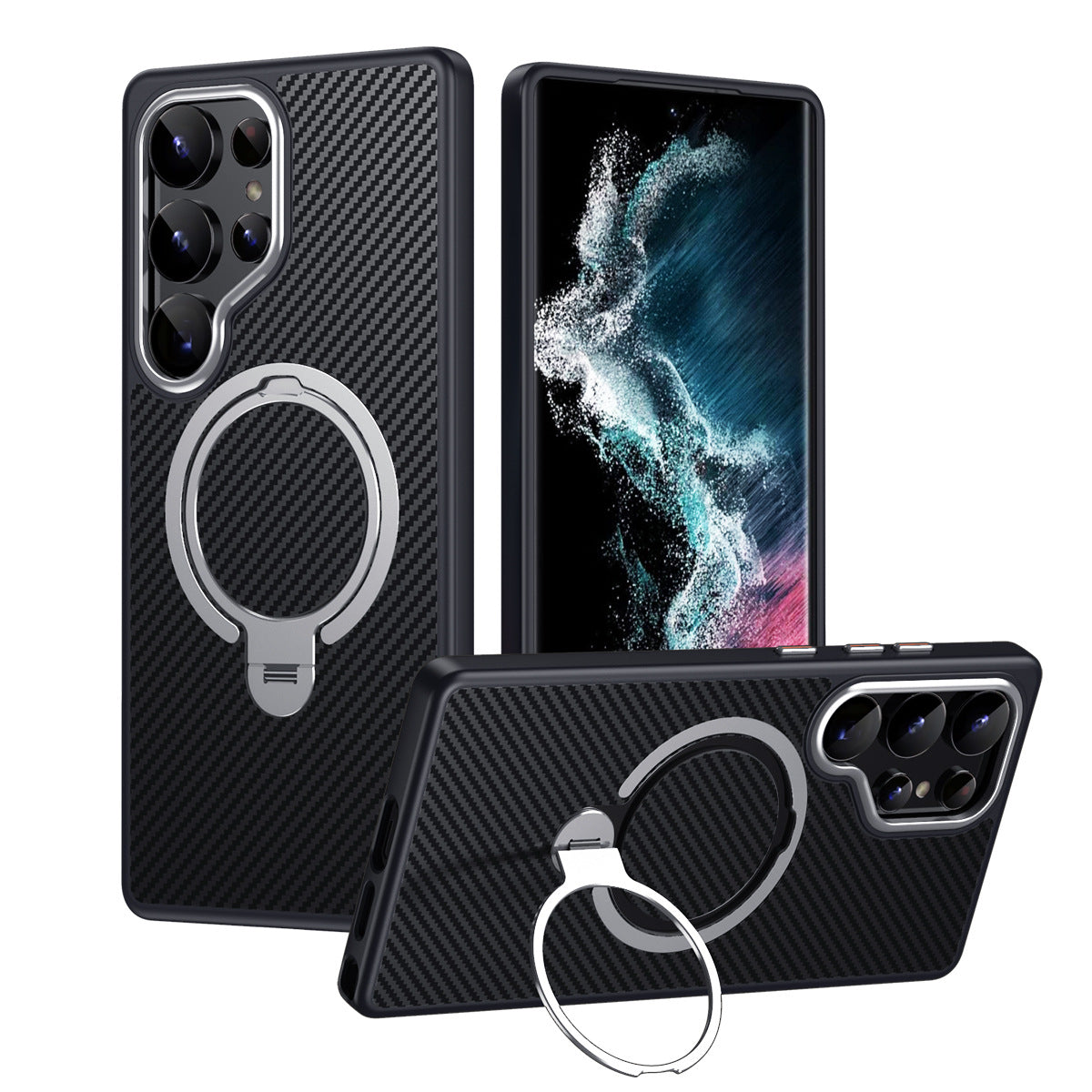 Samsung Galaxy S25/S25+/Ultra Carbon Fiber Rotating Ring Stand Case | MagSafe | Silver