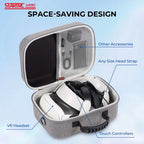 Protective EVA storage case for Meta Quest 3 VR glasses, offering a secure fit and reducing friction during transport. Space Saving Design