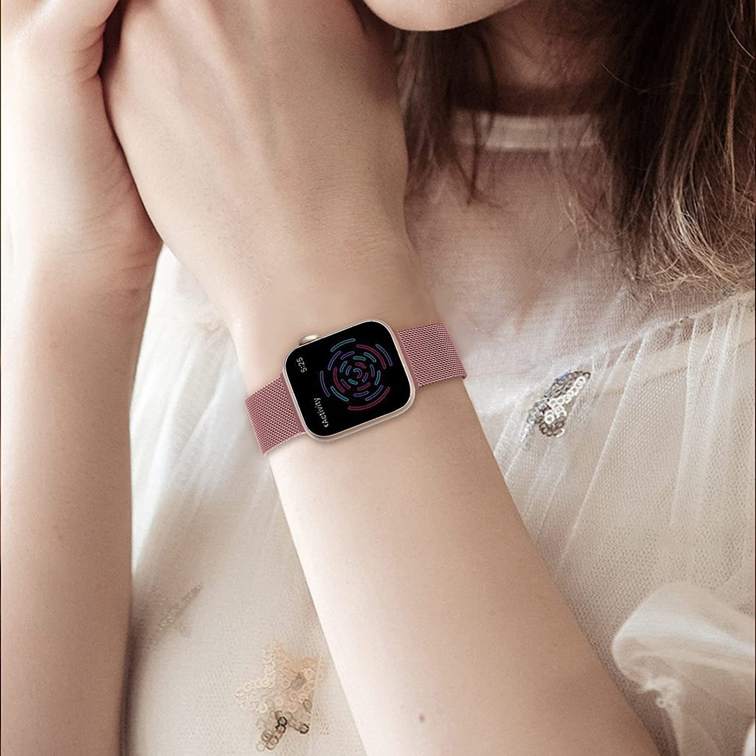 Stainless Steel Magnetic Mesh Apple Watch Strap 38–49mm Milanese Loop | Pink Display