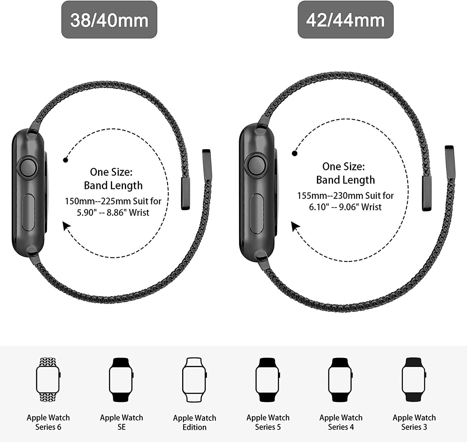 Stainless Steel Magnetic Mesh Apple Watch Strap 38–49mm Milanese Loop | Size