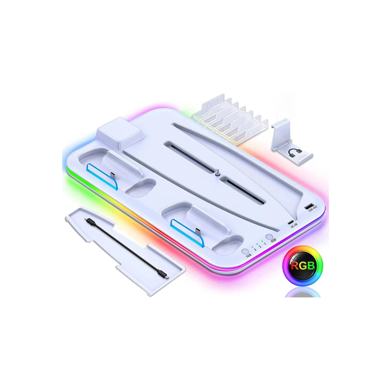 PS5 Vertical Stand with Cooling, Dual Controller Dock, Headset Holder & Game Storage - White - BeezSpeed