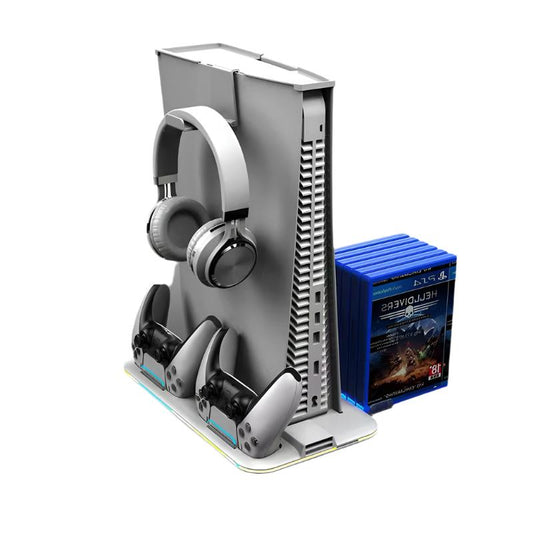 White PS5 RGB Vertical Stand Cooler & Dual Controller Charger - 6 Game Slots- BeezSpeed