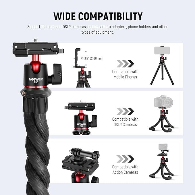 Wide Compatibility Multi Angle Shooting 2-1 Convertible Phone Clip Black NEEWER T30 Mini Flexible Vlog Tripod with Remote – GoPro & iPhone Mount - BeezSpeed