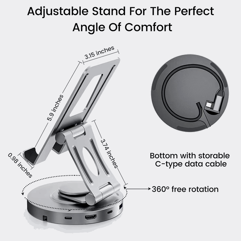 Adjustable Stand AUFULA 8-in-1 hub for mobile and tablet devices with HDMI 4K, USB 3.0, and audio support for a seamless experience.